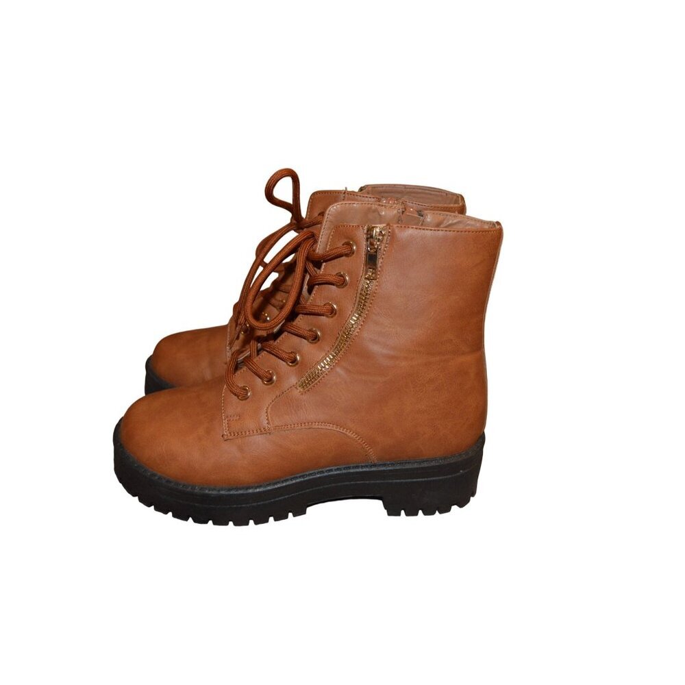 TOP Moda Women's Combat Army Style Lug Boots Carmel Brown Faux Leather Size 7